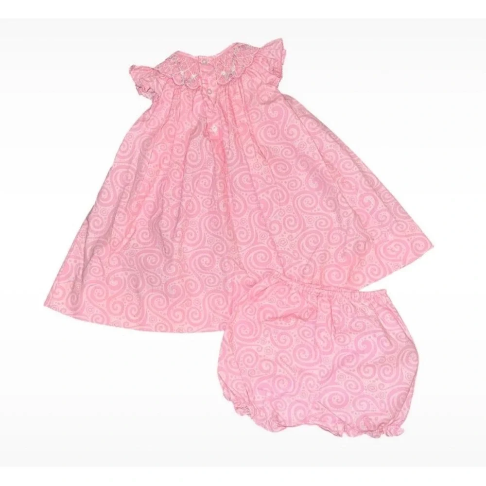 Petit Ami Baby 3 months smocked bishop dress set Pink Floral Dress Diaper Cover